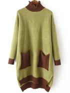 Romwe Ruffle Collar Dip Hem Split Side Contrast Pockets Green Sweater Dress