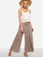 Romwe Lace-up Wide Leg Wrap Pants - Khaki