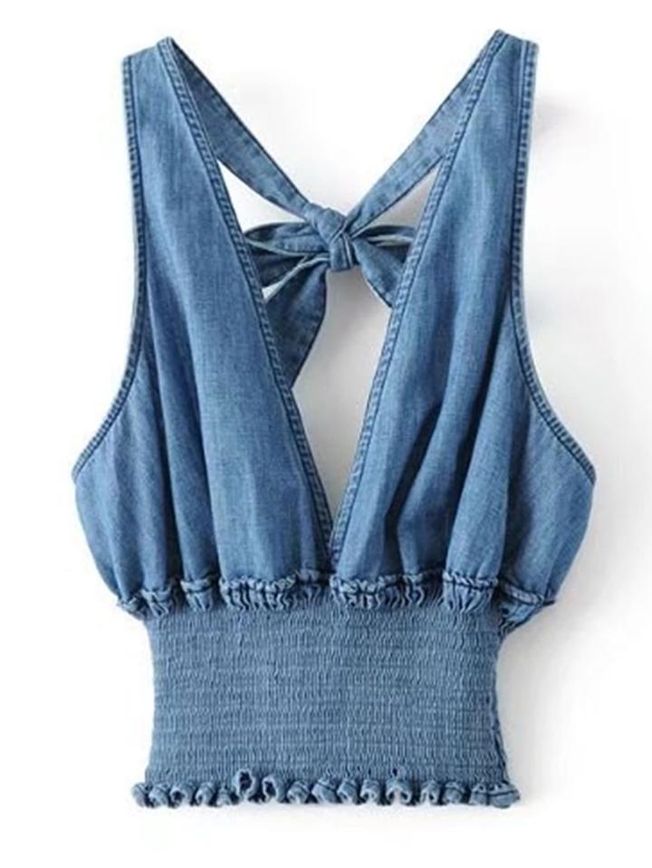 Romwe Plunging V-neckline Knot Back Elastic Waist Denim Top