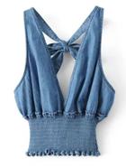 Romwe Plunging V-neckline Knot Back Elastic Waist Denim Top