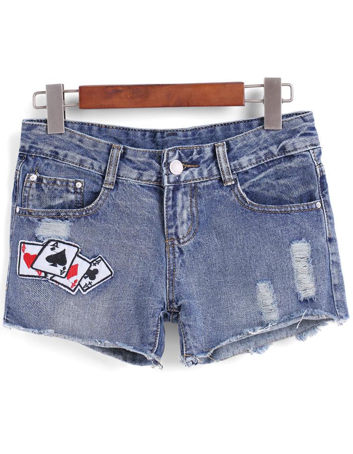 Romwe Poker Print Ripped Denim Shorts