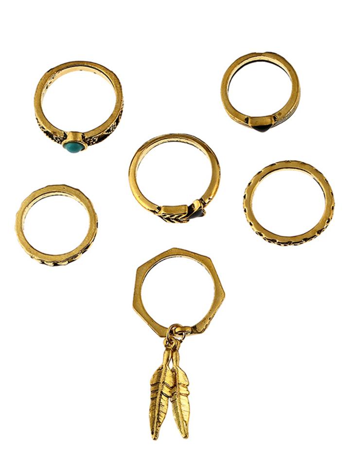 Romwe Feather Detail Triangle Ring Pack 6pcs