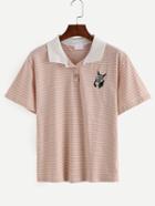 Romwe Dog Embroidered Striped Polo Shirt - Pink