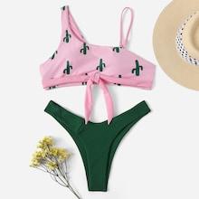 Romwe Random Cactus Print Top With High Leg Bikini