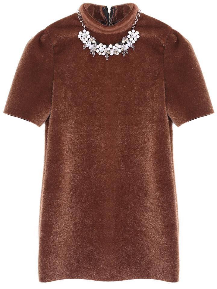 Romwe Rhinestone Decoration High Collar Dress-khaki