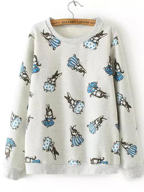 Romwe Round Neck Rabbit Print Sweatshirt