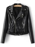 Romwe Black Faux Leather Belted Moto Jacket With Zipper