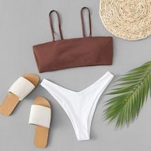 Romwe Thin Strap Top With High Leg Bikini Set