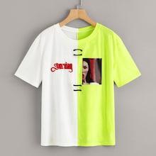 Romwe Two Tone Letter Embroidered Figure Print Tee