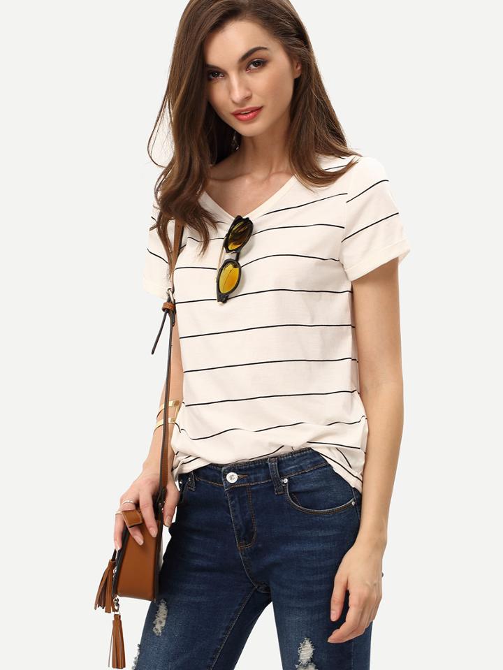 Romwe Beige Short Sleeve Striped T-shirt