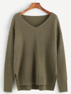 Romwe Olive Green Ribbed Knit Slit High Low Sweater