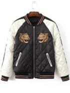 Romwe Black Tiger Embroidery Raglan Sleeve Quilted Zipper Jacket