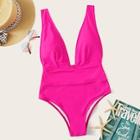Romwe Neon Hot Pink Plunge Neck One Piece Swimwear