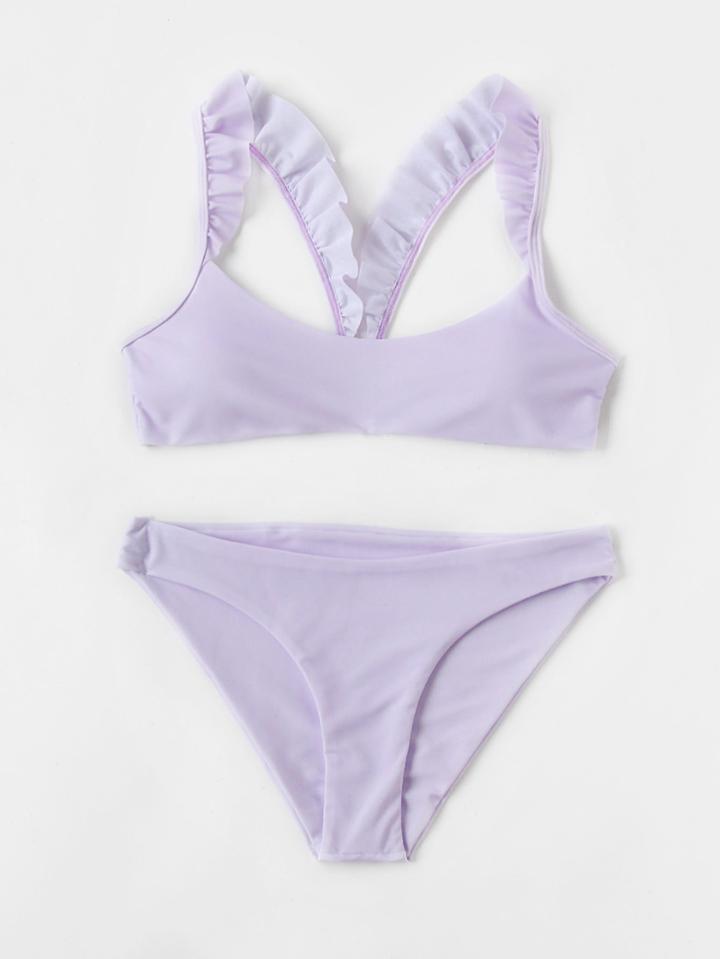 Romwe Frill Strap Open Back Bikini Set