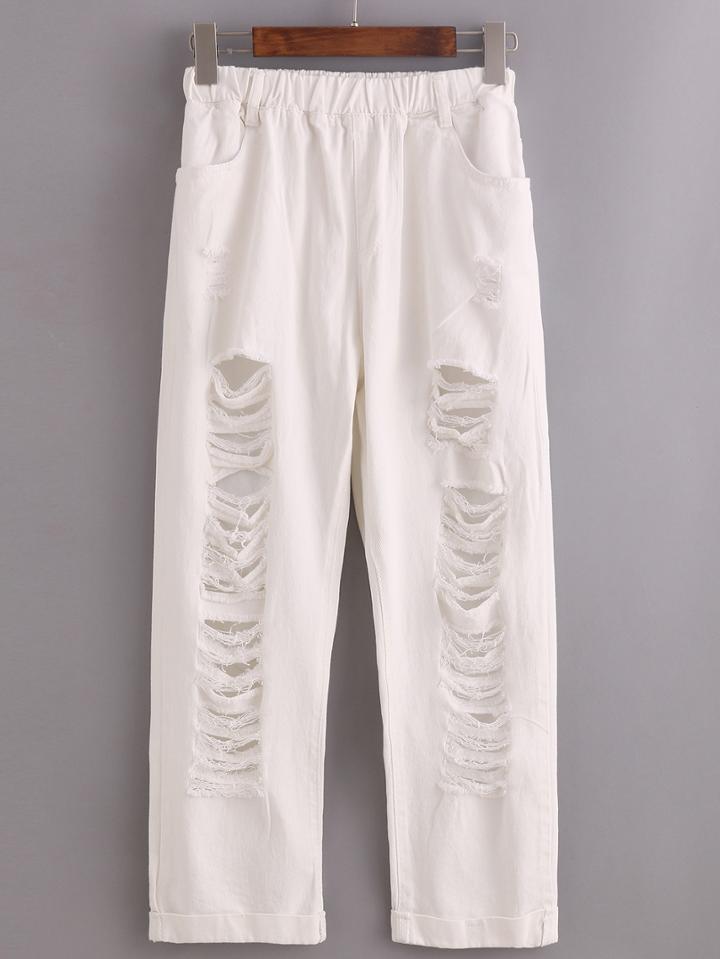 Romwe Distressed Rolled Hem White Ankle Jeans