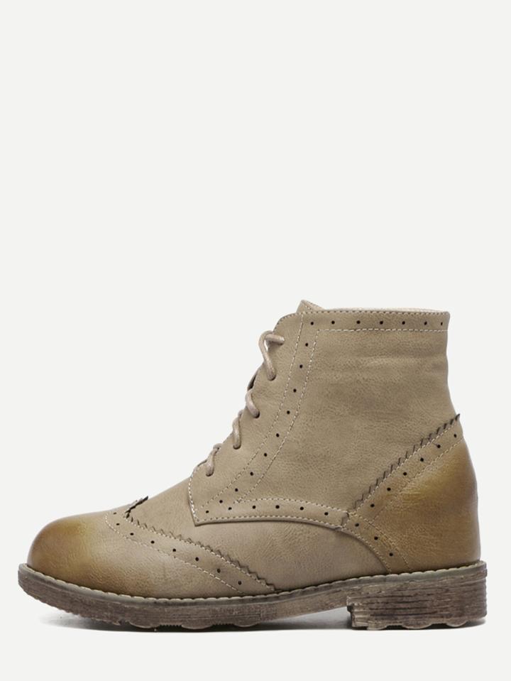 Romwe Khaki Cap Toe Topstitch Pu Hidden Heel Booties
