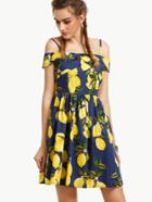 Romwe Navy Lemon Print Fold Over Cold Shoulder Dress