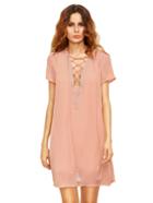 Romwe Pink Lace Up Print Front Shift Dress