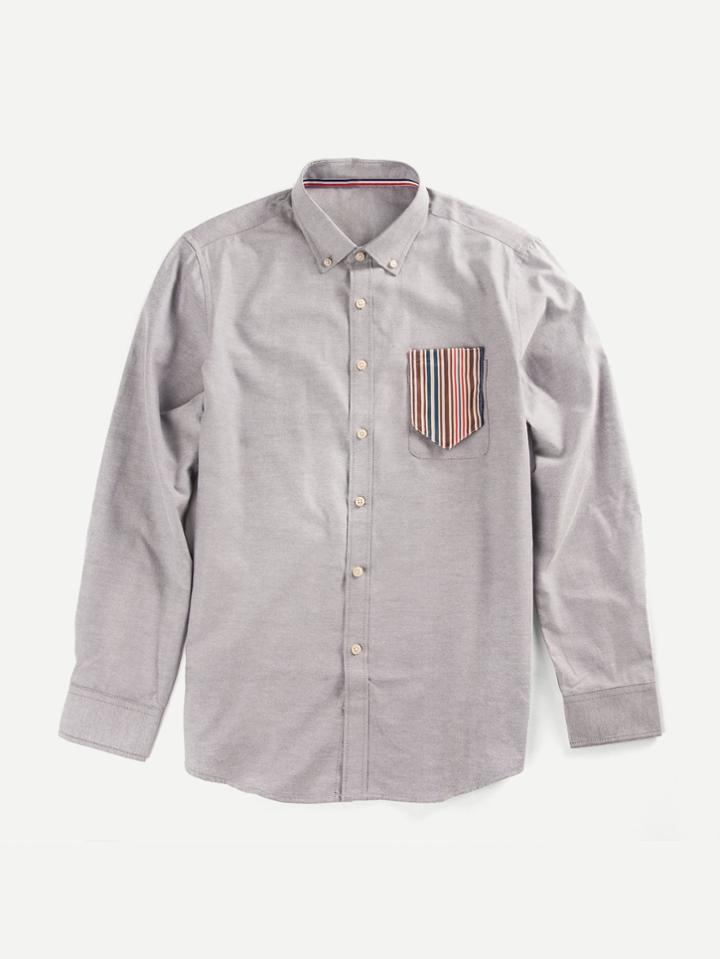 Romwe Men Striped Patch Detail Shirt