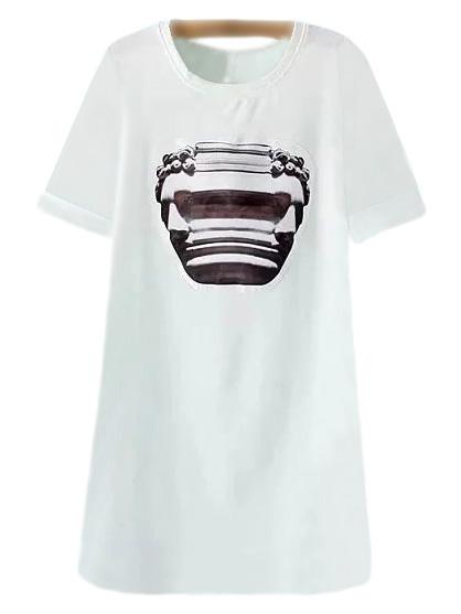 Romwe White Short Sleeve Print Organza Shift Dress