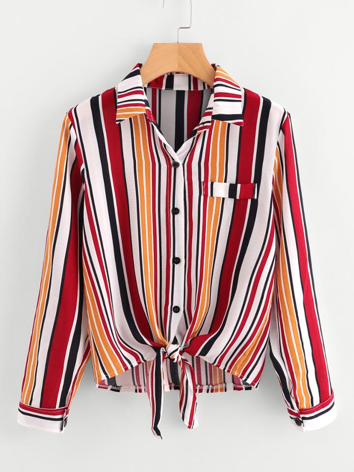 Romwe Roll Tab Sleeve Knotted Hem Striped Shirt