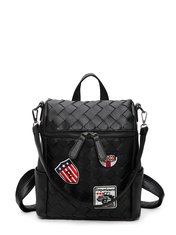 Romwe Patch Detail Double Zipper Weave Design Pu Backpack