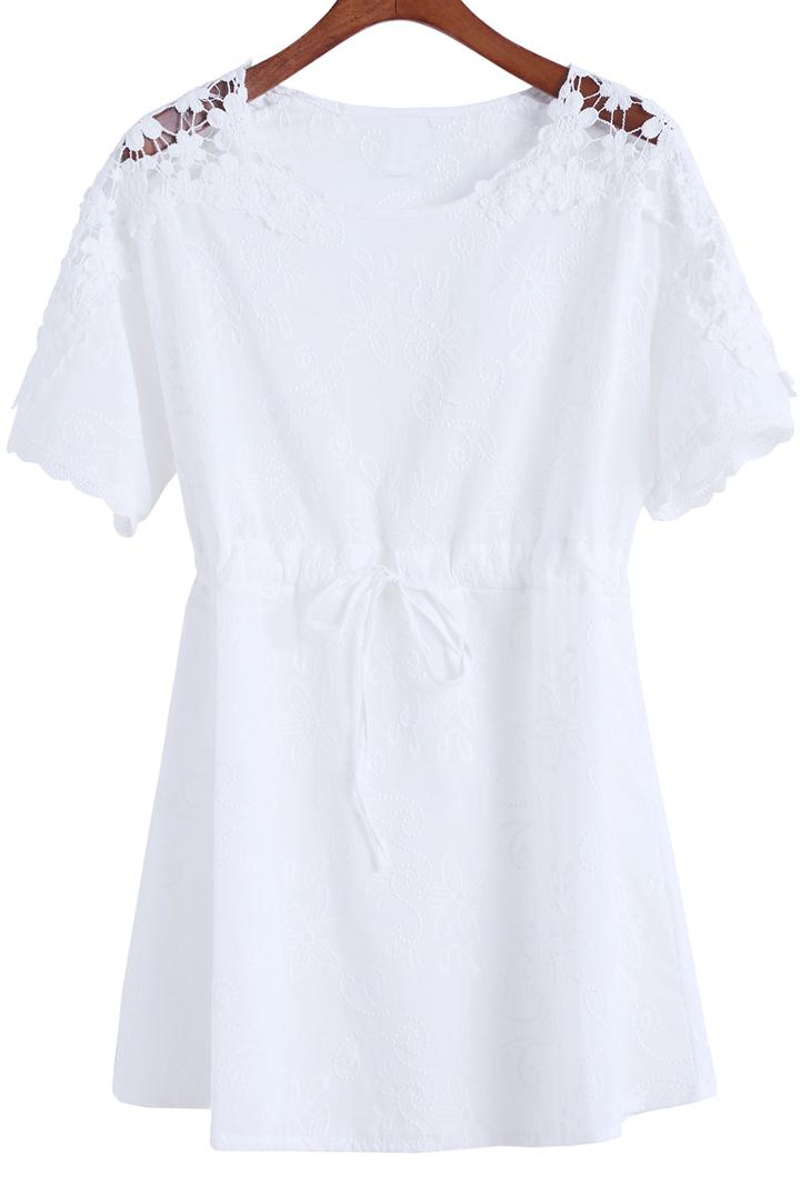 Romwe White Lace Short Sleeve Drawstring Dress