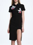 Romwe Black Lapel Embroidered Split Dress