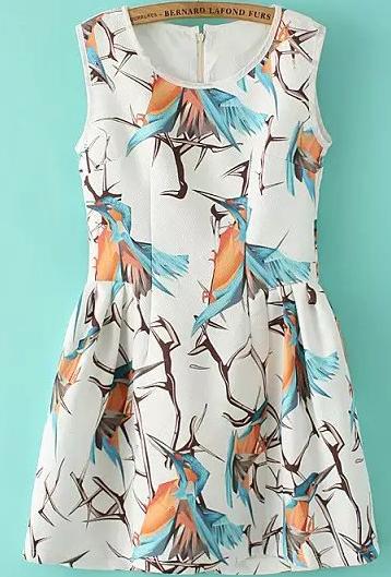 Romwe Sleeveless Bird Print Flare Dress