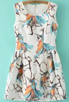 Romwe Sleeveless Bird Print Flare Dress