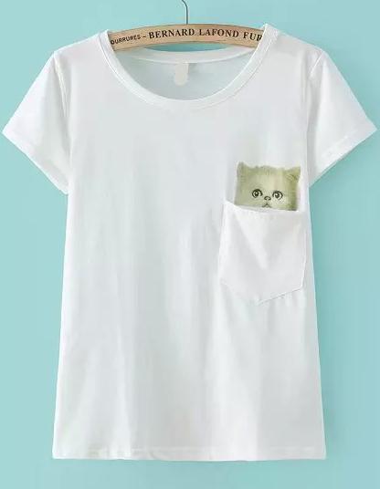 Romwe Cat Print With Pocket T-shirt