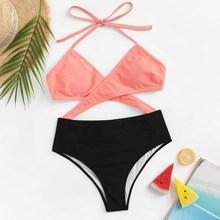 Romwe Two Tone Color Criss Cross Halter Monokini