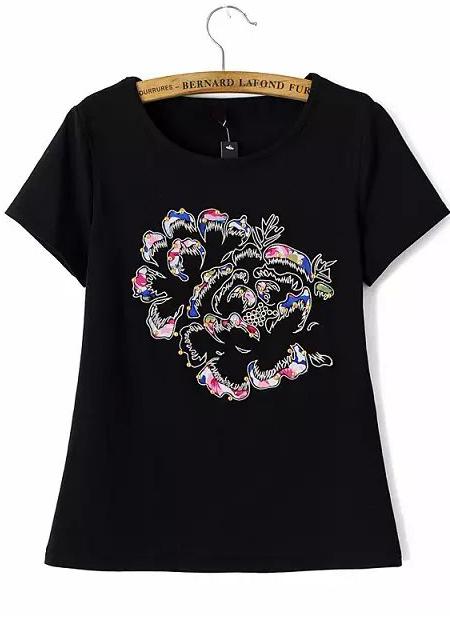 Romwe Round Neck Embroidered Black T-shirt