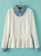 Romwe Contrast Denim Peplum Hem White Blouse