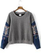 Romwe Grey Embroidery Contrast Denim Sleeve Drop Shoulder Sweatshirt