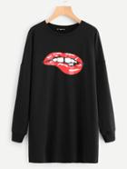 Romwe Drop Shoulder Lip Print Longline Sweatshirt