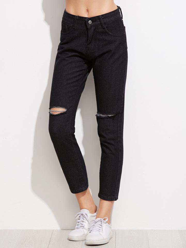 Romwe Black Ripped Ankle Denim Jeans