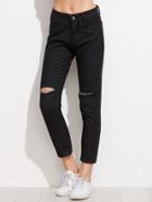 Romwe Black Ripped Ankle Denim Jeans