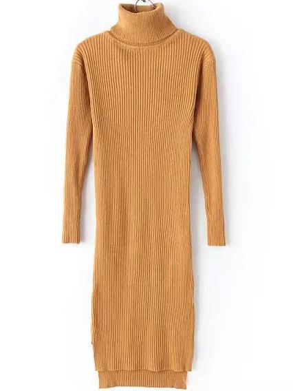 Romwe Turtleneck Dip Hem Split Side Khaki Sweater Dress