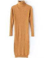 Romwe Turtleneck Dip Hem Split Side Khaki Sweater Dress