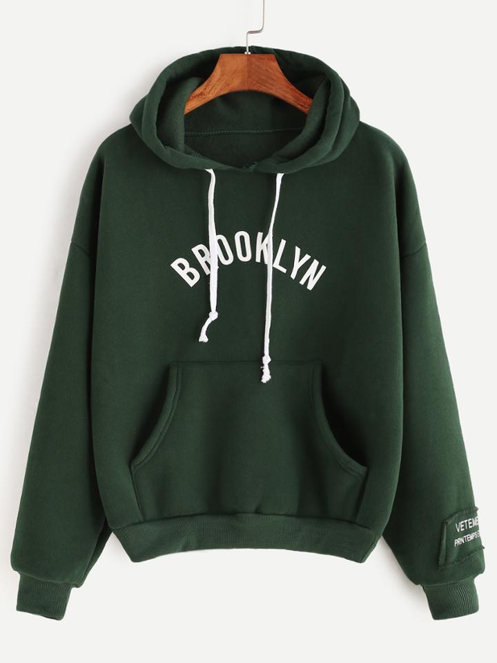 Romwe Army Green Hooded Letter Print Drop Shoulder Pocket Sweatshirt