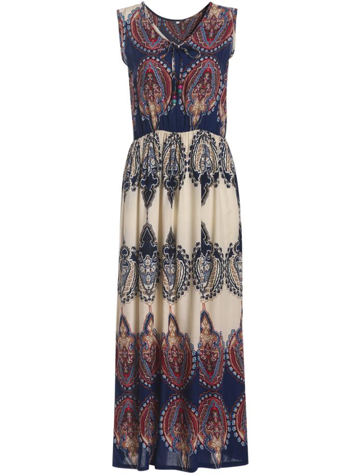 Romwe V Neck Vintage Print Maxi Dress
