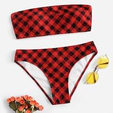 Romwe Gingham Bandeau With Low Rise Bikini Set