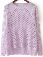 Romwe Open-knit Dip Hem Crochet Purple Sweater