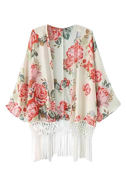 Romwe Retro Floral Print Tassels Embellished Coat