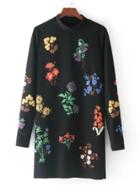 Romwe Flower Embroidery Mock Neck Dress