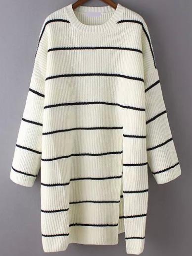 Romwe Crew Neck Striped Split White Sweater Dress