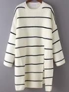 Romwe Crew Neck Striped Split White Sweater Dress