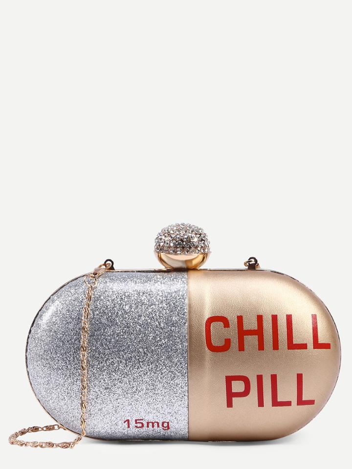 Romwe Gold Pill Shaped Clutch With Rhinestone Ball Closure