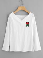Romwe V Neckline Embroidered Rose Patch Tee